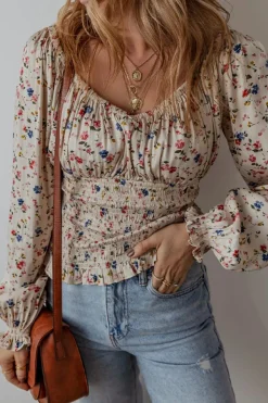 Fashion Dear-Lover Boho Floral Print Smocked Waist V Neck Blouse Beige