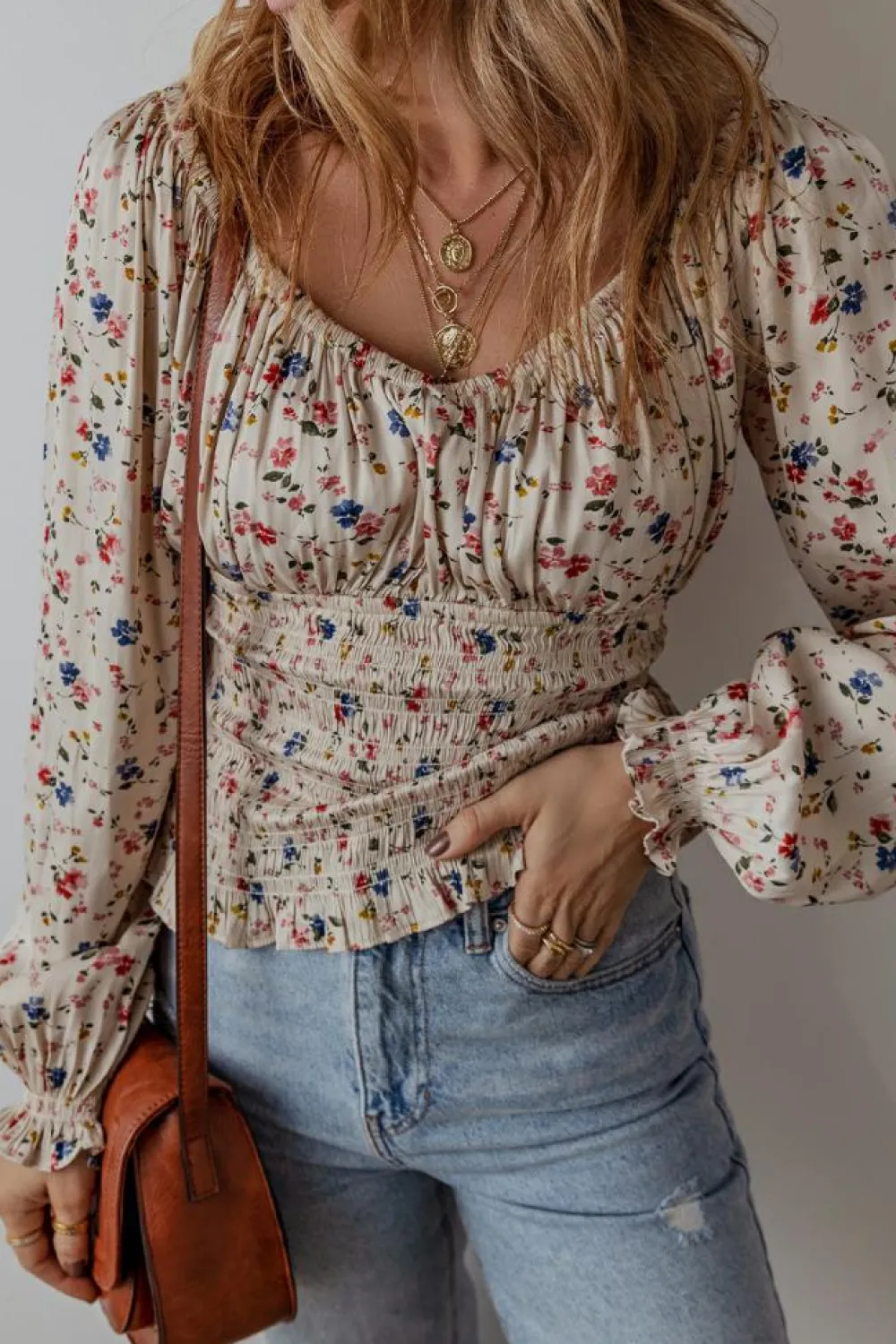 Fashion Dear-Lover Boho Floral Print Smocked Waist V Neck Blouse Beige