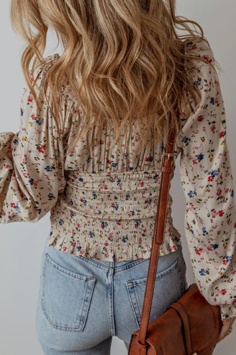 Fashion Dear-Lover Boho Floral Print Smocked Waist V Neck Blouse Beige