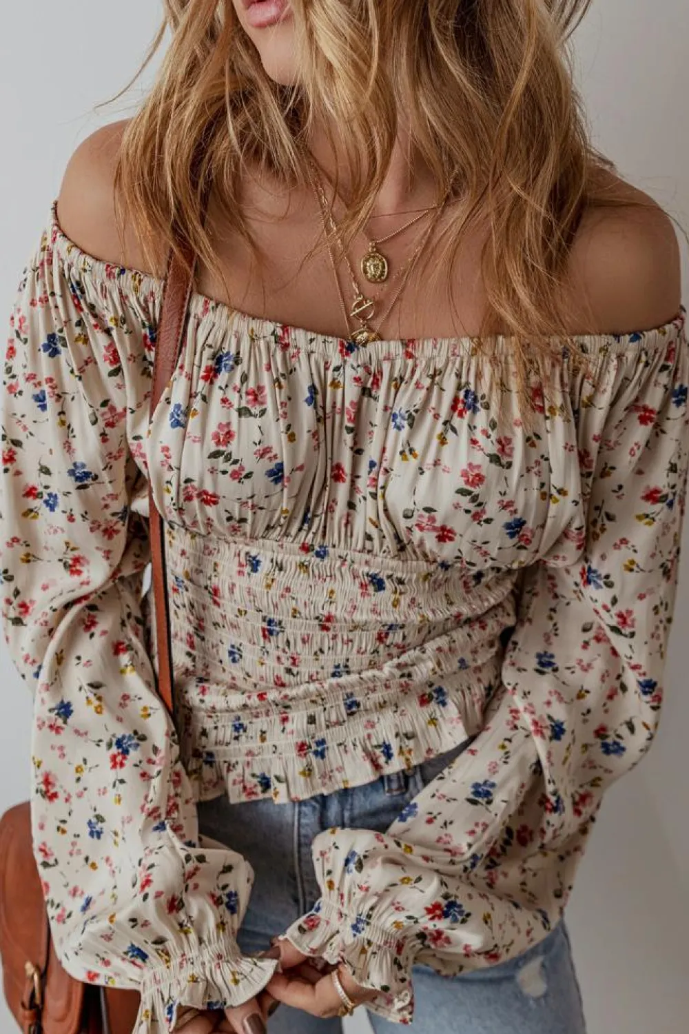 Fashion Dear-Lover Boho Floral Print Smocked Waist V Neck Blouse Beige