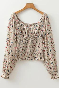 Fashion Dear-Lover Boho Floral Print Smocked Waist V Neck Blouse Beige