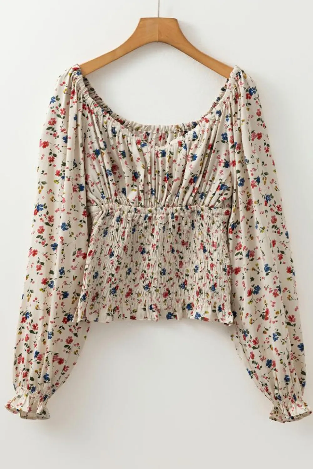 Fashion Dear-Lover Boho Floral Print Smocked Waist V Neck Blouse Beige
