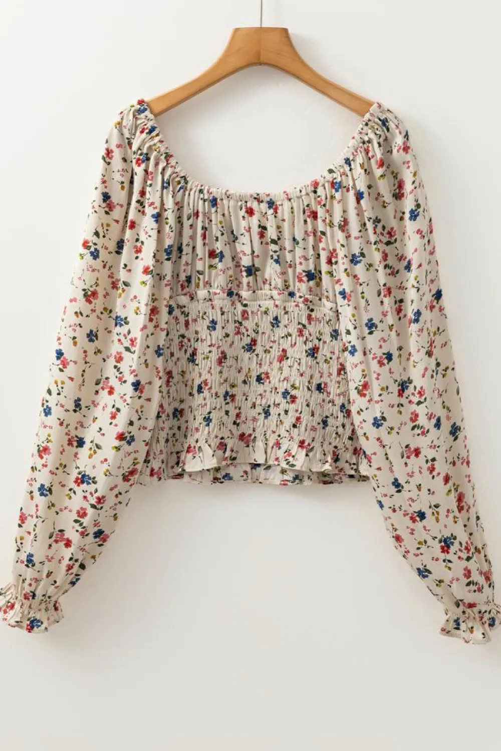 Fashion Dear-Lover Boho Floral Print Smocked Waist V Neck Blouse Beige