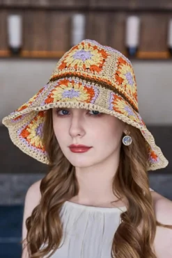 Discount Dear-Lover Boho Flower Crochet Wide Brim Buckle Hat Beige