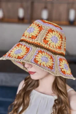 Discount Dear-Lover Boho Flower Crochet Wide Brim Buckle Hat Beige