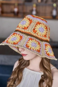 Discount Dear-Lover Boho Flower Crochet Wide Brim Buckle Hat Beige