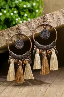 Discount Dear-Lover Boho Round Tasseled Dangle Earrings Beige