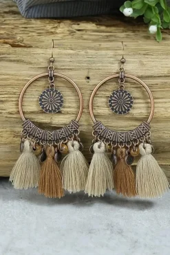 Discount Dear-Lover Boho Round Tasseled Dangle Earrings Beige