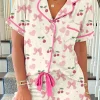 Hot Dear-Lover Bow Fruit Print Contrast Pipping Short Pajamas Set Beige