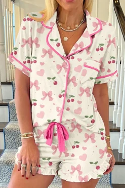 Hot Dear-Lover Bow Fruit Print Contrast Pipping Short Pajamas Set Beige