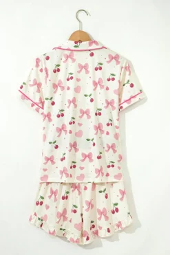 Hot Dear-Lover Bow Fruit Print Contrast Pipping Short Pajamas Set Beige