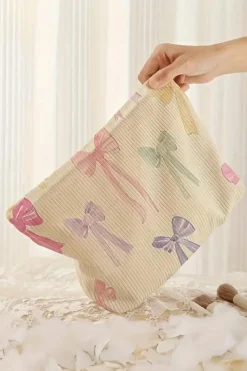 Clearance Dear-Lover Bow Knot Print Zipper Corduroy Large Cosmetic Bag Beige