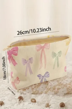 Clearance Dear-Lover Bow Knot Print Zipper Corduroy Large Cosmetic Bag Beige