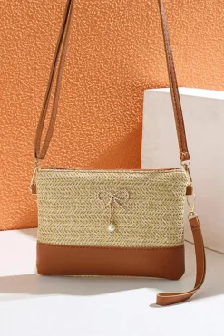 Clearance Dear-Lover Bow Pearl Decor Straw PU Leather Patched Crossbody Bag Beige