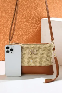 Clearance Dear-Lover Bow Pearl Decor Straw PU Leather Patched Crossbody Bag Beige