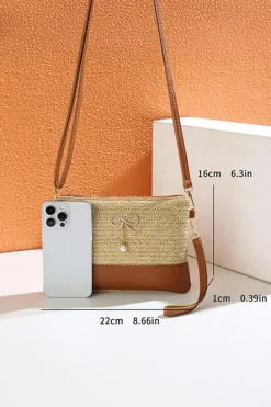 Clearance Dear-Lover Bow Pearl Decor Straw PU Leather Patched Crossbody Bag Beige