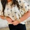 Discount Dear-Lover Bow Print Puff Short Sleeve Top Beige