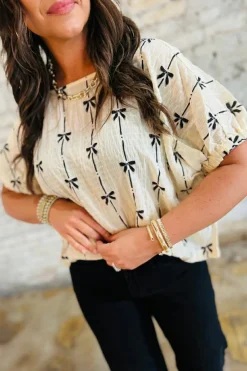 Discount Dear-Lover Bow Print Puff Short Sleeve Top Beige