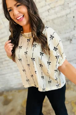 Discount Dear-Lover Bow Print Puff Short Sleeve Top Beige