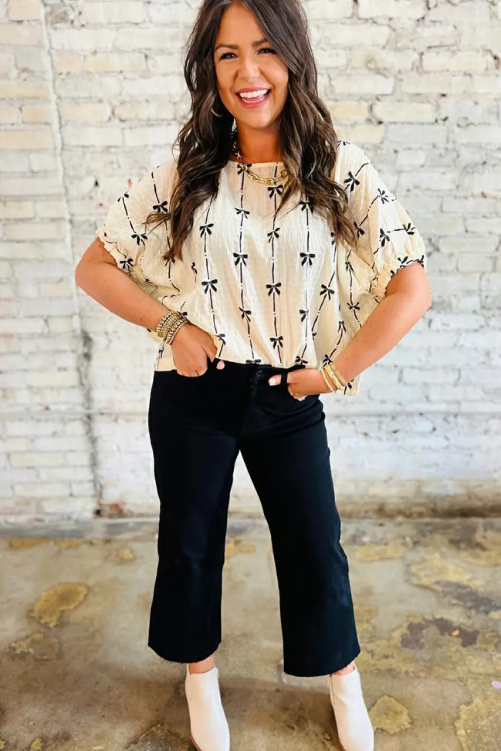 Discount Dear-Lover Bow Print Puff Short Sleeve Top Beige