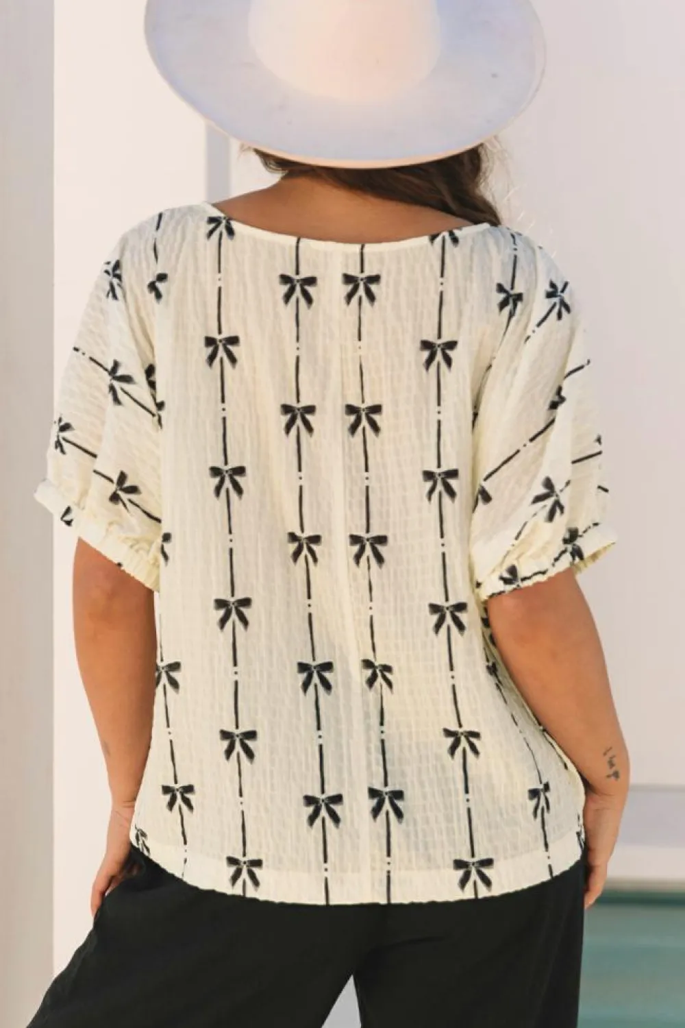 Discount Dear-Lover Bow Print Puff Short Sleeve Top Beige