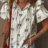 Clearance Dear-Lover Bow Printed Ruffled Bubble Sleeve Tied Notched V Neck Blouse Beige