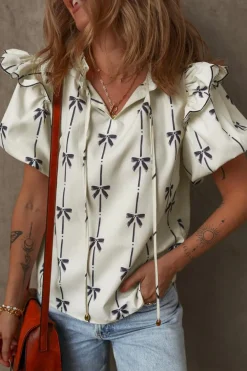 Clearance Dear-Lover Bow Printed Ruffled Bubble Sleeve Tied Notched V Neck Blouse Beige