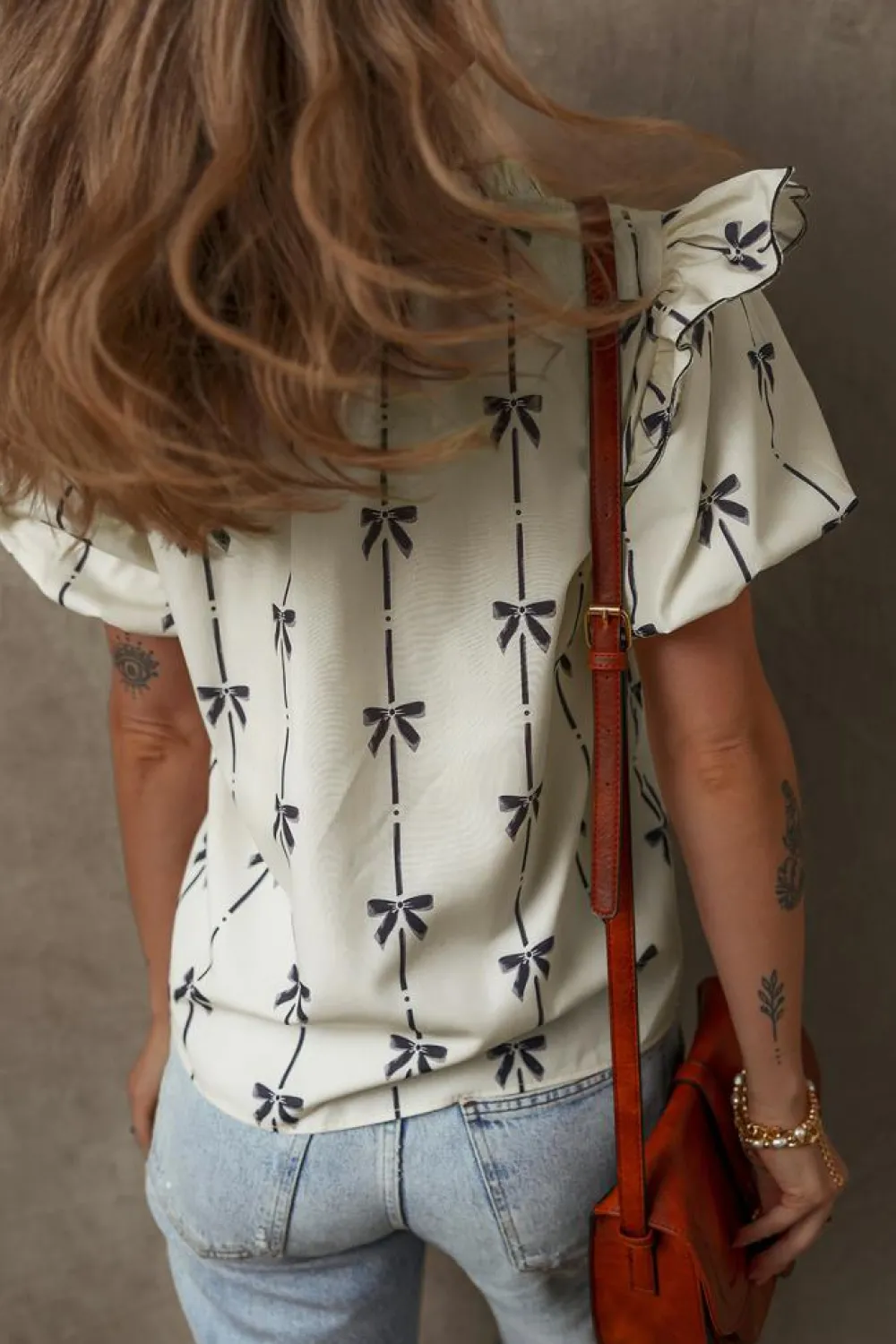 Clearance Dear-Lover Bow Printed Ruffled Bubble Sleeve Tied Notched V Neck Blouse Beige
