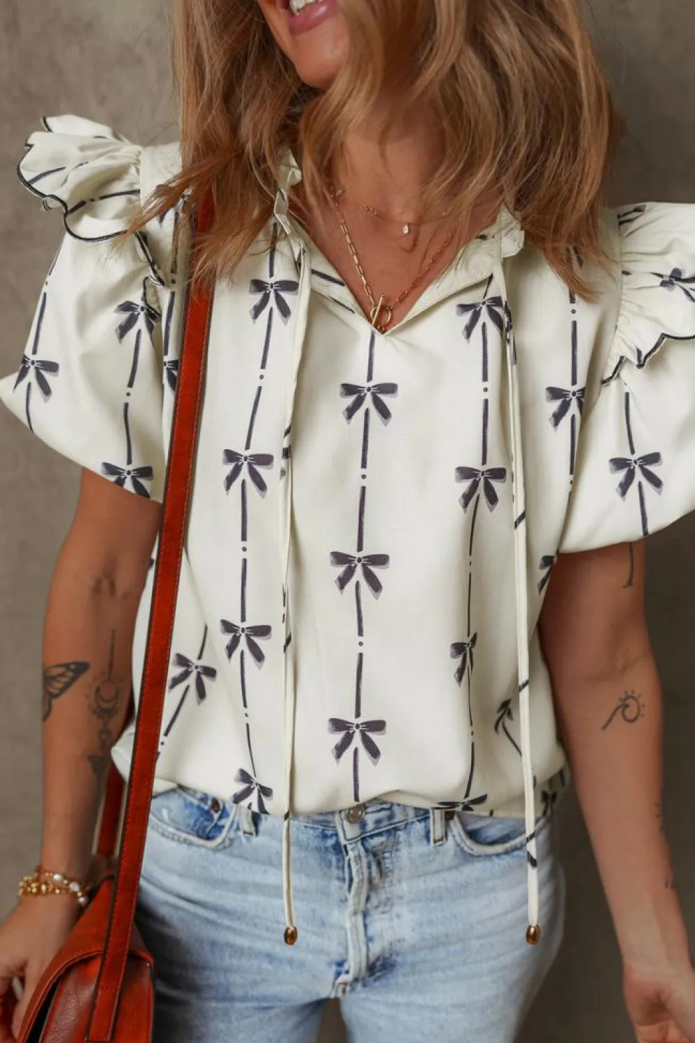 Clearance Dear-Lover Bow Printed Ruffled Bubble Sleeve Tied Notched V Neck Blouse Beige