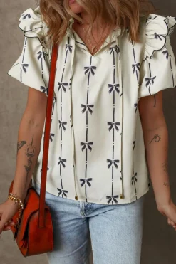 Clearance Dear-Lover Bow Printed Ruffled Bubble Sleeve Tied Notched V Neck Blouse Beige