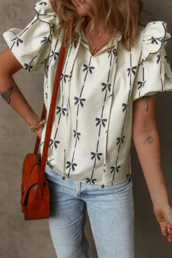 Clearance Dear-Lover Bow Printed Ruffled Bubble Sleeve Tied Notched V Neck Blouse Beige