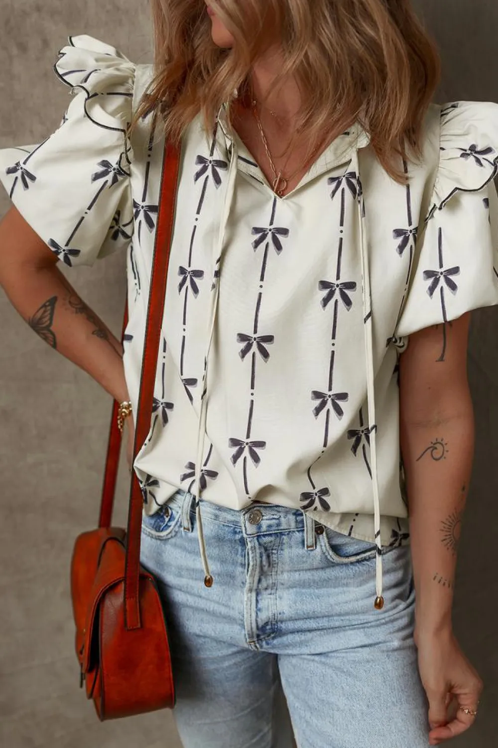 Clearance Dear-Lover Bow Printed Ruffled Bubble Sleeve Tied Notched V Neck Blouse Beige