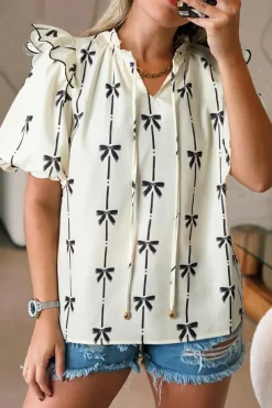 Clearance Dear-Lover Bow Printed Ruffled Bubble Sleeve Tied Notched V Neck Blouse Beige