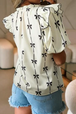 Clearance Dear-Lover Bow Printed Ruffled Bubble Sleeve Tied Notched V Neck Blouse Beige