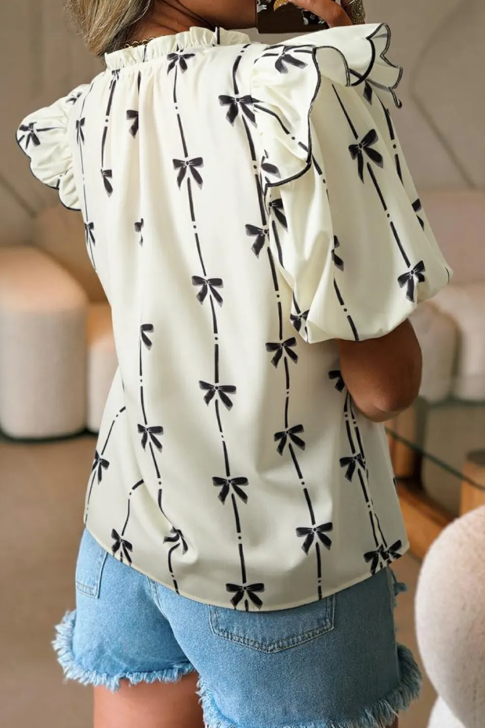 Clearance Dear-Lover Bow Printed Ruffled Bubble Sleeve Tied Notched V Neck Blouse Beige
