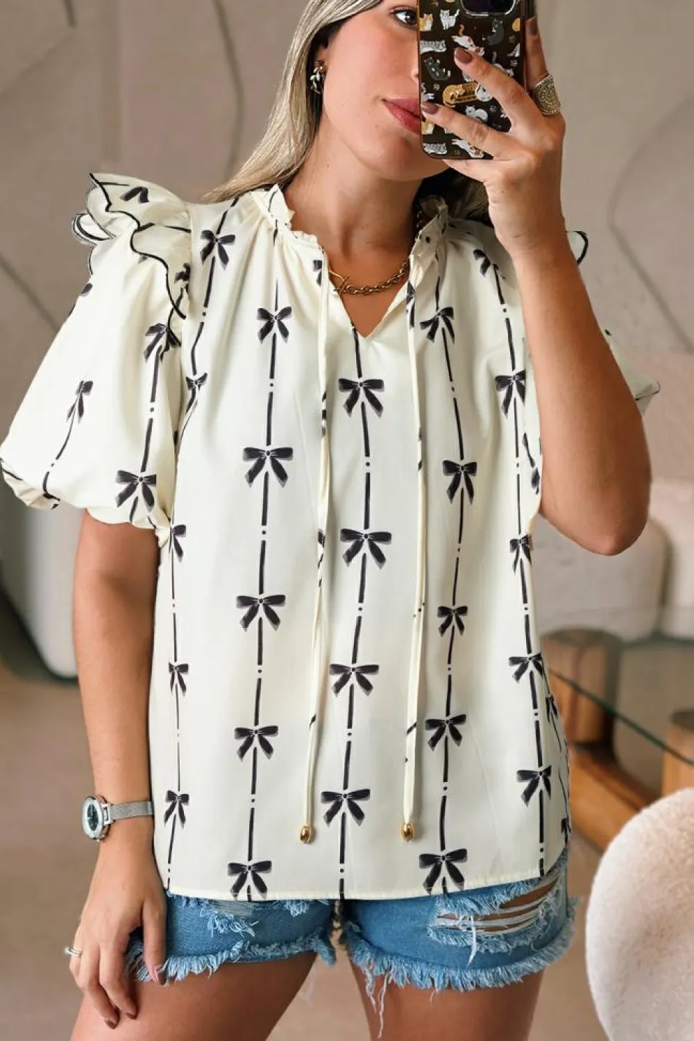 Clearance Dear-Lover Bow Printed Ruffled Bubble Sleeve Tied Notched V Neck Blouse Beige