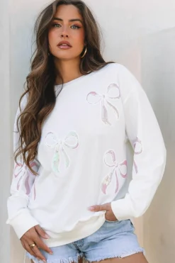 Best Dear-Lover Bow Valentine Drop Shoulder Loose Sweatshirt Beige