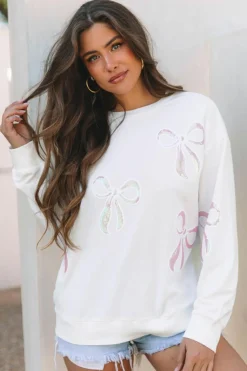 Best Dear-Lover Bow Valentine Drop Shoulder Loose Sweatshirt Beige