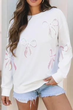 Best Dear-Lover Bow Valentine Drop Shoulder Loose Sweatshirt Beige