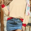 Outlet Dear-Lover Bowknot Printed Patchwork Raglan Sleeve Colorblock Edge Top Beige