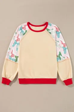 Outlet Dear-Lover Bowknot Printed Patchwork Raglan Sleeve Colorblock Edge Top Beige
