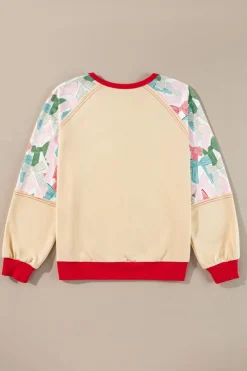 Outlet Dear-Lover Bowknot Printed Patchwork Raglan Sleeve Colorblock Edge Top Beige
