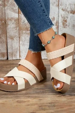 Clearance Dear-Lover Braided Detail Criss Cross Platform Slippers Beige