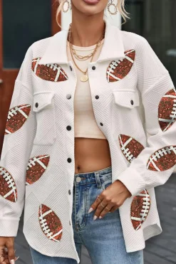 Discount Dear-Lover Bubble Gum Texture Sequined Rugby Football Shacket Beige