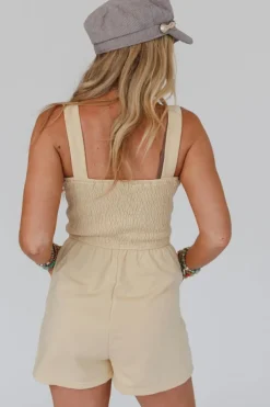 Sale Dear-Lover Buttons Smocked Sleeveless Romper Beige