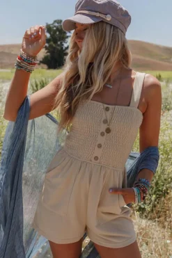 Sale Dear-Lover Buttons Smocked Sleeveless Romper Beige