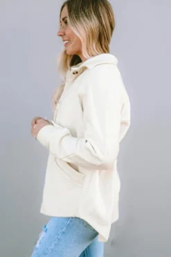 Clearance Dear-Lover Button-Up Stitching Pocket Raw Hem Shacket Beige