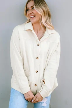 Clearance Dear-Lover Button-Up Stitching Pocket Raw Hem Shacket Beige
