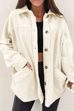 Clearance Dear-Lover Button-Up Stitching Pocket Raw Hem Shacket Beige