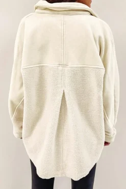 Clearance Dear-Lover Button-Up Stitching Pocket Raw Hem Shacket Beige